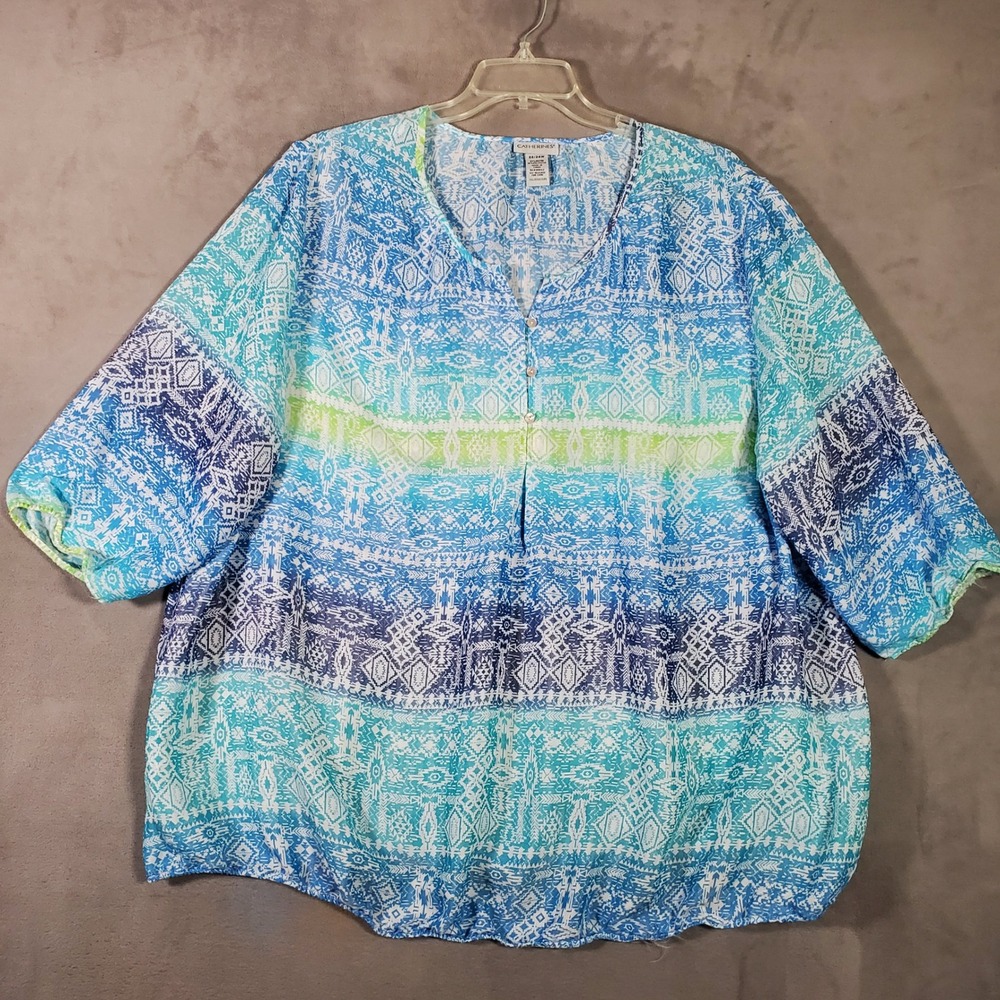 Catherines Top Womens 22W Blue Green Tribal Print Coastal Boho Resortwear Casual